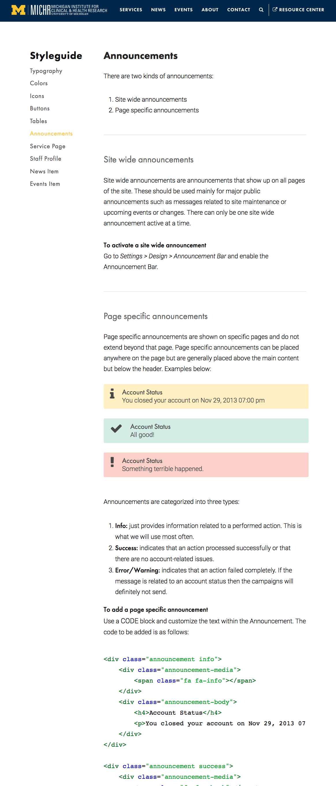 An example page from MICHR's design system