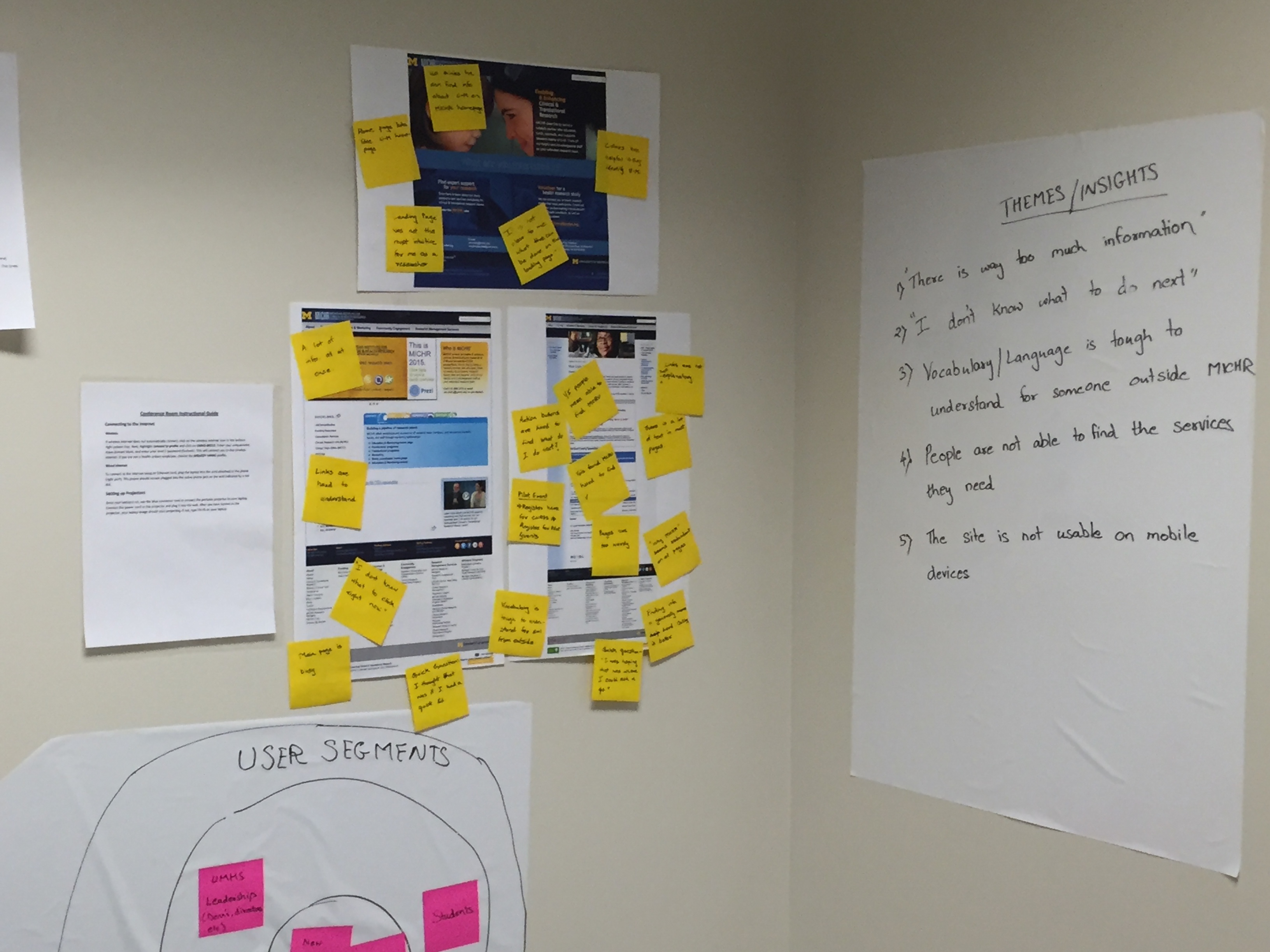 Our team room. On the left is feedback from users on the old website while the right shows synthesized insights from the design research phase.